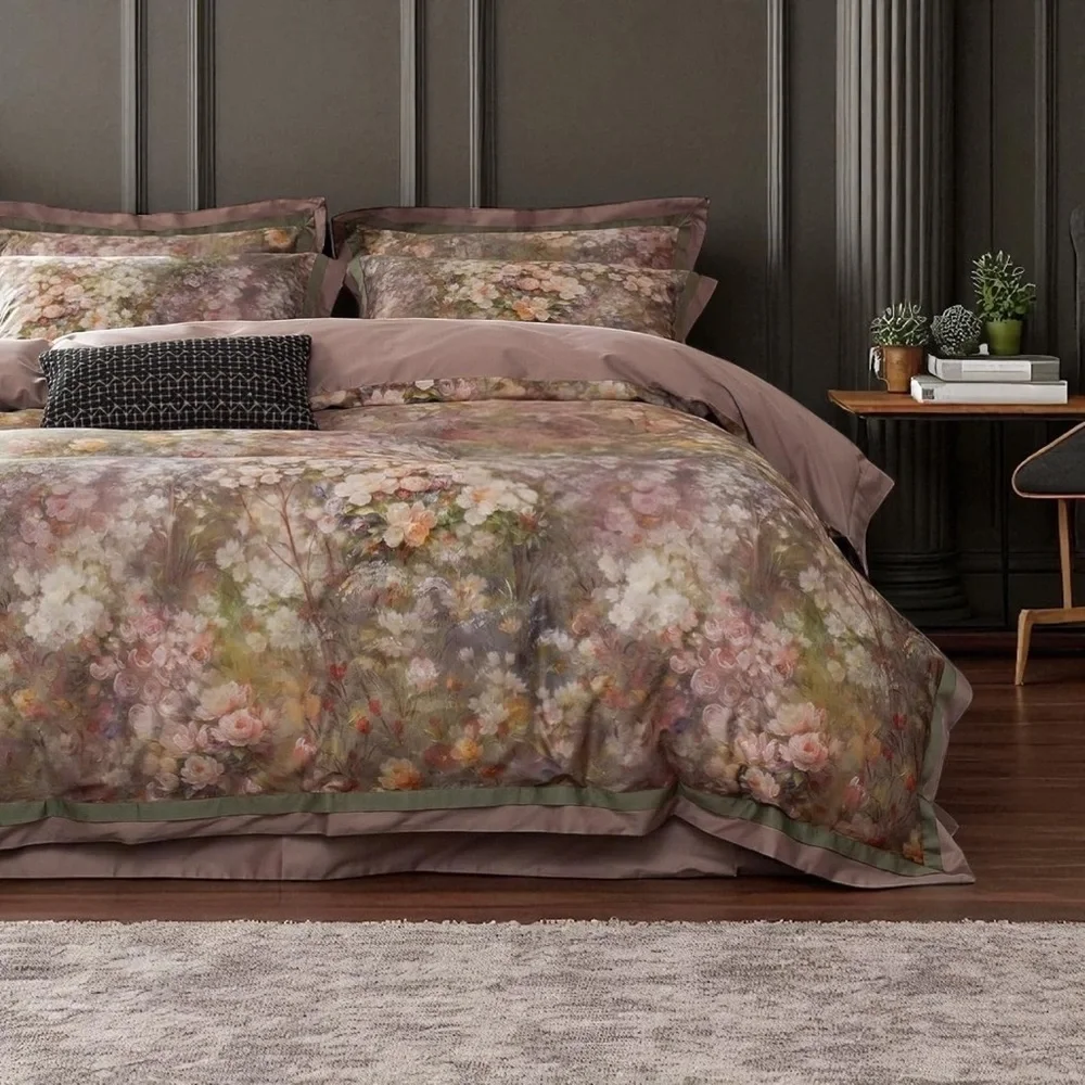 NEW Anthro Blush Pink Silk Floral Boho Cotton Queen King Bedding Duvet Sham Set